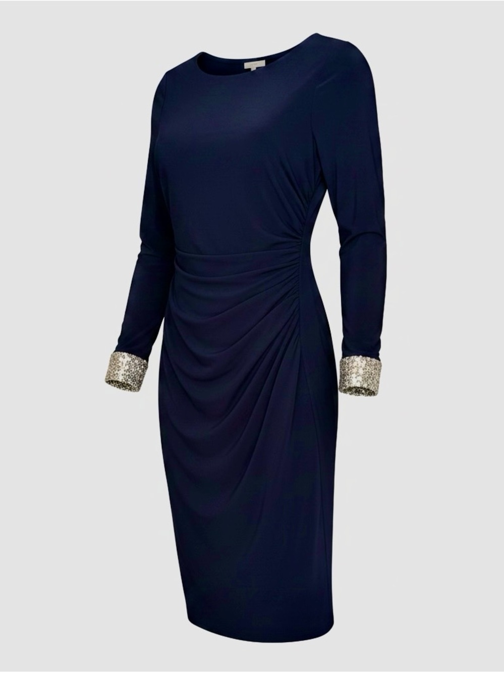 MARINA Navy Long-Sleeve Cowl Back Dress with Rhinestone Trim NWT
